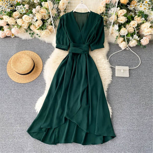 Women Summer Midi French Dress 2021 Sweet V-Neck Puff Sleeve High Waist Elegant Solid Woman Dresses Female Clothing New Year