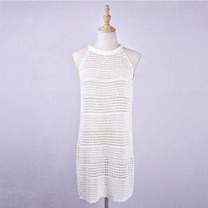 2021 Sexy Beach Wear Cover Up Sleeveless Hollow Dress Crochet Knitted Woman Swimwear Bikini Cover Up Hand Made Beach Dresses
