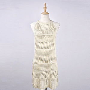 2021 Sexy Beach Wear Cover Up Sleeveless Hollow Dress Crochet Knitted Woman Swimwear Bikini Cover Up Hand Made Beach Dresses