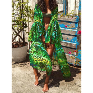 Vestido de playa 2021, Bikini tipo pareo, traje de baño estampado, Kimono para mujer, túnica de talla grande, traje de baño Sexy de manga larga, pareos