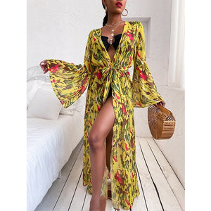 Vestido de playa 2021, Bikini tipo pareo, traje de baño estampado, Kimono para mujer, túnica de talla grande, traje de baño Sexy de manga larga, pareos