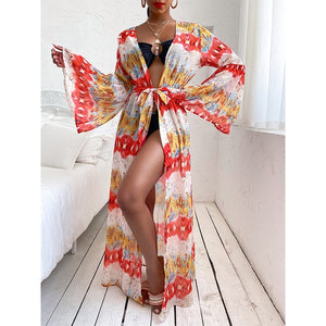 Vestido de playa 2021, Bikini tipo pareo, traje de baño estampado, Kimono para mujer, túnica de talla grande, traje de baño Sexy de manga larga, pareos