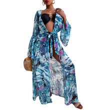Cargar imagen en el visor de la galería, Vestido de playa 2021, Bikini tipo pareo, traje de baño estampado, Kimono para mujer, túnica de talla grande, traje de baño Sexy de manga larga, pareos