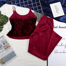 Charger l&#39;image dans la galerie, HiLoc Backless Satin Sexy Pajamas Black Lace Pajamas With Pants Loose Spaghetti Strap Intimate Lingerie Sleepwear Women Pj Set