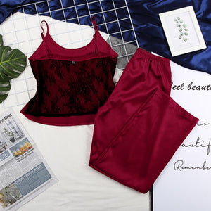HiLoc Backless Satin Sexy Pajamas Black Lace Pajamas With Pants Loose Spaghetti Strap Intimate Lingerie Sleepwear Women Pj Set