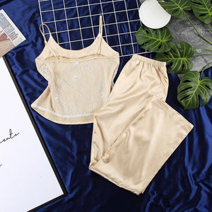 HiLoc Backless Satin Sexy Pajamas Black Lace Pajamas With Pants Loose Spaghetti Strap Intimate Lingerie Sleepwear Women Pj Set