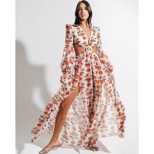 Vestido de playa 2021, Bikini tipo pareo, traje de baño estampado, Kimono para mujer, túnica de talla grande, traje de baño Sexy de manga larga, pareos