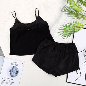 HiLoc Backless Satin Sexy Pajamas Black Lace Pajamas With Pants Loose Spaghetti Strap Intimate Lingerie Sleepwear Women Pj Set