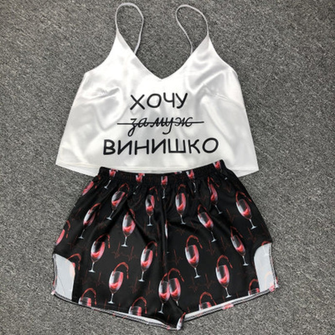 QWEEK Flamingo Pajamas for Woman Silk Sexy Pijamas Satin Pyjama Femme Fox Print V Neck Home Suit Sleepwear Dropshipping