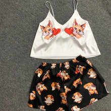 Load image into Gallery viewer, QWEEK Flamingo Pajamas for Woman Silk Sexy Pijamas Satin Pyjama Femme Fox Print V Neck Home Suit Sleepwear Dropshipping