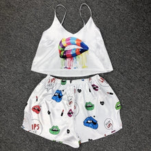 Load image into Gallery viewer, QWEEK Flamingo Pajamas for Woman Silk Sexy Pijamas Satin Pyjama Femme Fox Print V Neck Home Suit Sleepwear Dropshipping