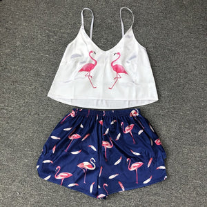QWEEK Flamingo Pajamas for Woman Silk Sexy Pijamas Satin Pyjama Femme Fox Print V Neck Home Suit Sleepwear Dropshipping
