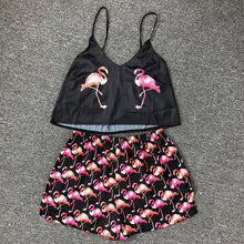 Load image into Gallery viewer, QWEEK Flamingo Pajamas for Woman Silk Sexy Pijamas Satin Pyjama Femme Fox Print V Neck Home Suit Sleepwear Dropshipping