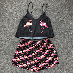 QWEEK Flamingo Pajamas for Woman Silk Sexy Pijamas Satin Pyjama Femme Fox Print V Neck Home Suit Sleepwear Dropshipping