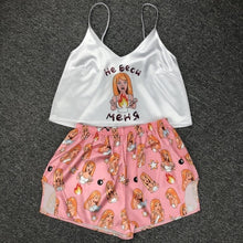 Load image into Gallery viewer, QWEEK Flamingo Pajamas for Woman Silk Sexy Pijamas Satin Pyjama Femme Fox Print V Neck Home Suit Sleepwear Dropshipping