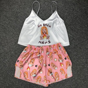 QWEEK Flamingo Pajamas for Woman Silk Sexy Pijamas Satin Pyjama Femme Fox Print V Neck Home Suit Sleepwear Dropshipping