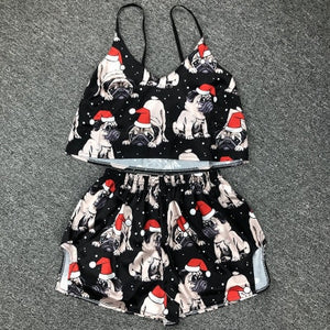 QWEEK Flamingo Pajamas for Woman Silk Sexy Pijamas Satin Pyjama Femme Fox Print V Neck Home Suit Sleepwear Dropshipping
