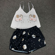 Load image into Gallery viewer, QWEEK Flamingo Pajamas for Woman Silk Sexy Pijamas Satin Pyjama Femme Fox Print V Neck Home Suit Sleepwear Dropshipping