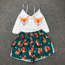 Load image into Gallery viewer, QWEEK Flamingo Pajamas for Woman Silk Sexy Pijamas Satin Pyjama Femme Fox Print V Neck Home Suit Sleepwear Dropshipping