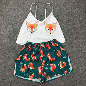 QWEEK Flamingo Pajamas for Woman Silk Sexy Pijamas Satin Pyjama Femme Fox Print V Neck Home Suit Sleepwear Dropshipping
