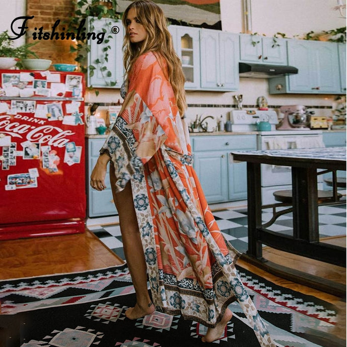 Fitshinling Oversize Beach Cover Up Kimono Vintage Print Floral Holiday Bikini Outing Boho Loose Long Cardigan Orange Covers New