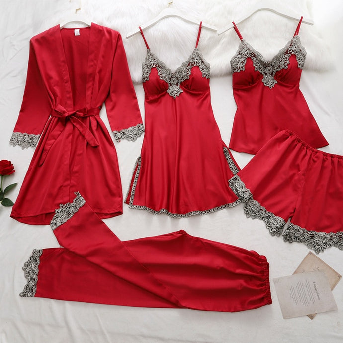 5 piezas de bata de seda, traje de dormir para mujer, pijama de satén de encaje, conjunto de camisón con cuello en V, camisón, ropa de dormir para el hogar, camisón de primavera
