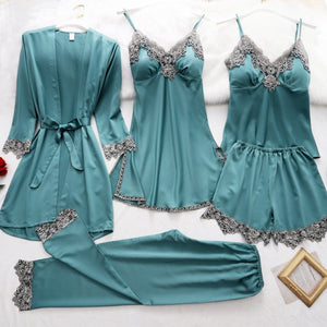 5 piezas de bata de seda, traje de dormir para mujer, pijama de satén de encaje, conjunto de camisón con cuello en V, camisón, ropa de dormir para el hogar, camisón de primavera