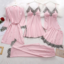 Cargar imagen en el visor de la galería, 5 piezas de bata de seda, traje de dormir para mujer, pijama de satén de encaje, conjunto de camisón con cuello en V, camisón, ropa de dormir para el hogar, camisón de primavera