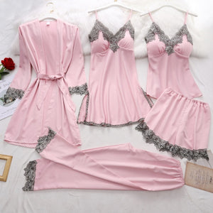 5 piezas de bata de seda, traje de dormir para mujer, pijama de satén de encaje, conjunto de camisón con cuello en V, camisón, ropa de dormir para el hogar, camisón de primavera