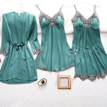 Cargar imagen en el visor de la galería, 5 piezas de bata de seda, traje de dormir para mujer, pijama de satén de encaje, conjunto de camisón con cuello en V, camisón, ropa de dormir para el hogar, camisón de primavera