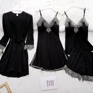 5 piezas de bata de seda, traje de dormir para mujer, pijama de satén de encaje, conjunto de camisón con cuello en V, camisón, ropa de dormir para el hogar, camisón de primavera