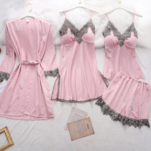 Cargar imagen en el visor de la galería, 5 piezas de bata de seda, traje de dormir para mujer, pijama de satén de encaje, conjunto de camisón con cuello en V, camisón, ropa de dormir para el hogar, camisón de primavera