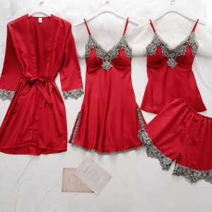 5 piezas de bata de seda, traje de dormir para mujer, pijama de satén de encaje, conjunto de camisón con cuello en V, camisón, ropa de dormir para el hogar, camisón de primavera