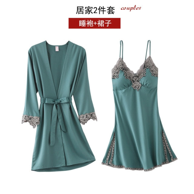 5 piezas de bata de seda, traje de dormir para mujer, pijama de satén de encaje, conjunto de camisón con cuello en V, camisón, ropa de dormir para el hogar, camisón de primavera