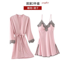 Cargar imagen en el visor de la galería, 5 piezas de bata de seda, traje de dormir para mujer, pijama de satén de encaje, conjunto de camisón con cuello en V, camisón, ropa de dormir para el hogar, camisón de primavera