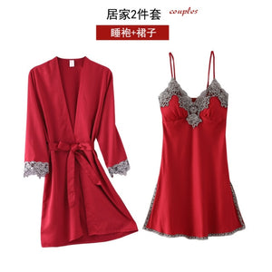 5 piezas de bata de seda, traje de dormir para mujer, pijama de satén de encaje, conjunto de camisón con cuello en V, camisón, ropa de dormir para el hogar, camisón de primavera