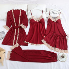 Cargar imagen en el visor de la galería, 5 piezas de bata de seda, traje de dormir para mujer, pijama de satén de encaje, conjunto de camisón con cuello en V, camisón, ropa de dormir para el hogar, camisón de primavera