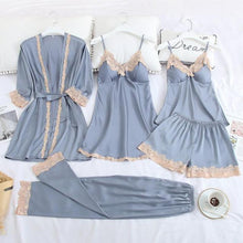 Cargar imagen en el visor de la galería, 5 piezas de bata de seda, traje de dormir para mujer, pijama de satén de encaje, conjunto de camisón con cuello en V, camisón, ropa de dormir para el hogar, camisón de primavera