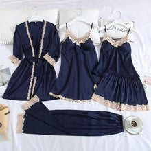 Cargar imagen en el visor de la galería, 5 piezas de bata de seda, traje de dormir para mujer, pijama de satén de encaje, conjunto de camisón con cuello en V, camisón, ropa de dormir para el hogar, camisón de primavera