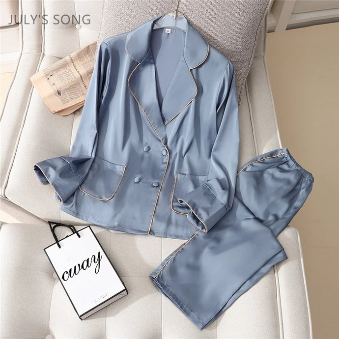 JULY'S SONG 2 Pieces Faux Silk Satin Pajamas Set Summer Women Sleepwear Long Sleeve Short Sleeve Nightgown Female Ladies Pyjamas