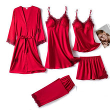 Cargar imagen en el visor de la galería, 5 piezas de bata de seda, traje de dormir para mujer, pijama de satén de encaje, conjunto de camisón con cuello en V, camisón, ropa de dormir para el hogar, camisón de primavera