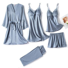 Cargar imagen en el visor de la galería, 5 piezas de bata de seda, traje de dormir para mujer, pijama de satén de encaje, conjunto de camisón con cuello en V, camisón, ropa de dormir para el hogar, camisón de primavera