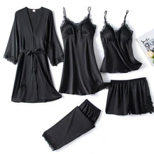 Cargar imagen en el visor de la galería, 5 piezas de bata de seda, traje de dormir para mujer, pijama de satén de encaje, conjunto de camisón con cuello en V, camisón, ropa de dormir para el hogar, camisón de primavera