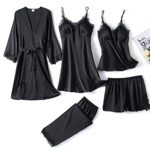 5 piezas de bata de seda, traje de dormir para mujer, pijama de satén de encaje, conjunto de camisón con cuello en V, camisón, ropa de dormir para el hogar, camisón de primavera