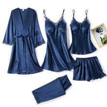 Cargar imagen en el visor de la galería, 5 piezas de bata de seda, traje de dormir para mujer, pijama de satén de encaje, conjunto de camisón con cuello en V, camisón, ropa de dormir para el hogar, camisón de primavera