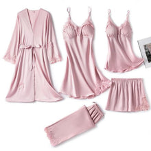 Cargar imagen en el visor de la galería, 5 piezas de bata de seda, traje de dormir para mujer, pijama de satén de encaje, conjunto de camisón con cuello en V, camisón, ropa de dormir para el hogar, camisón de primavera