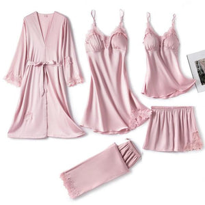5 piezas de bata de seda, traje de dormir para mujer, pijama de satén de encaje, conjunto de camisón con cuello en V, camisón, ropa de dormir para el hogar, camisón de primavera