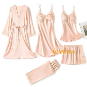 5 piezas de bata de seda, traje de dormir para mujer, pijama de satén de encaje, conjunto de camisón con cuello en V, camisón, ropa de dormir para el hogar, camisón de primavera