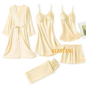 5 piezas de bata de seda, traje de dormir para mujer, pijama de satén de encaje, conjunto de camisón con cuello en V, camisón, ropa de dormir para el hogar, camisón de primavera