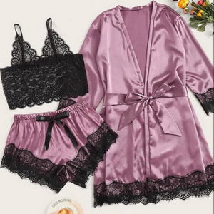 Long sleeve Womens Pajamas Sexy Lace Lingerie Nightwear Underwear Sleepwear 3PC Suit Pajama Sets For Women Pijama Mujer